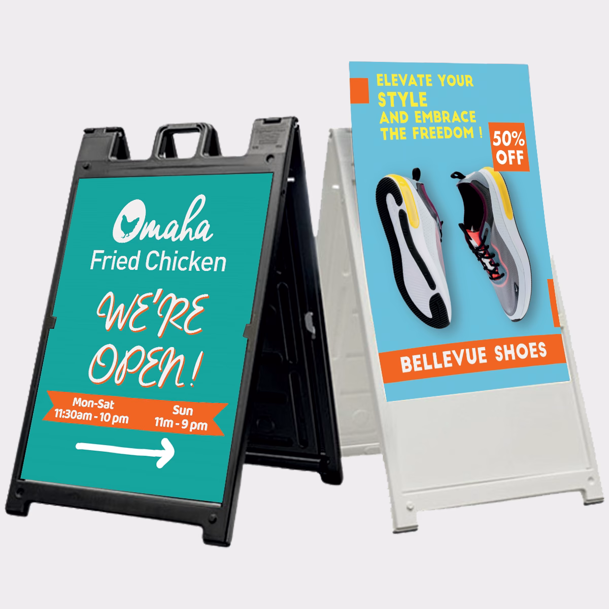 Custom A-frame sidewalk sign printed for Omaha coffee shop with bold graphics and daily specials
