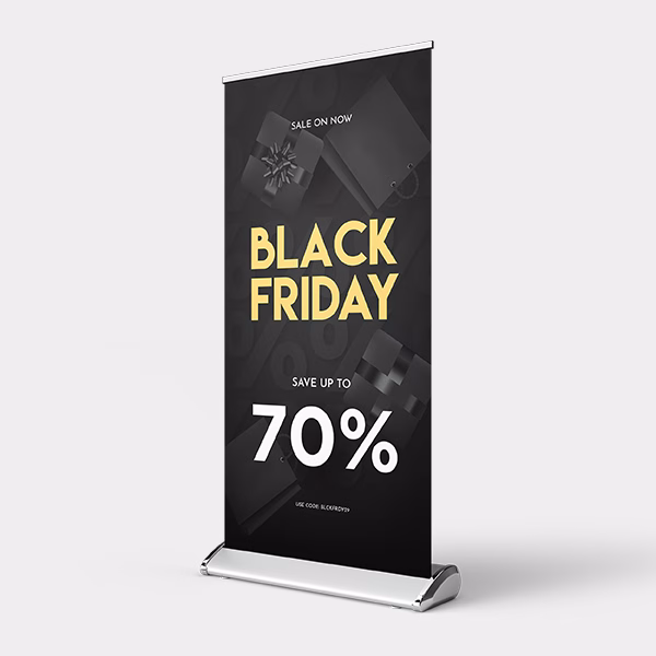Retractable banner with custom design for Omaha company used for black Friday sale event